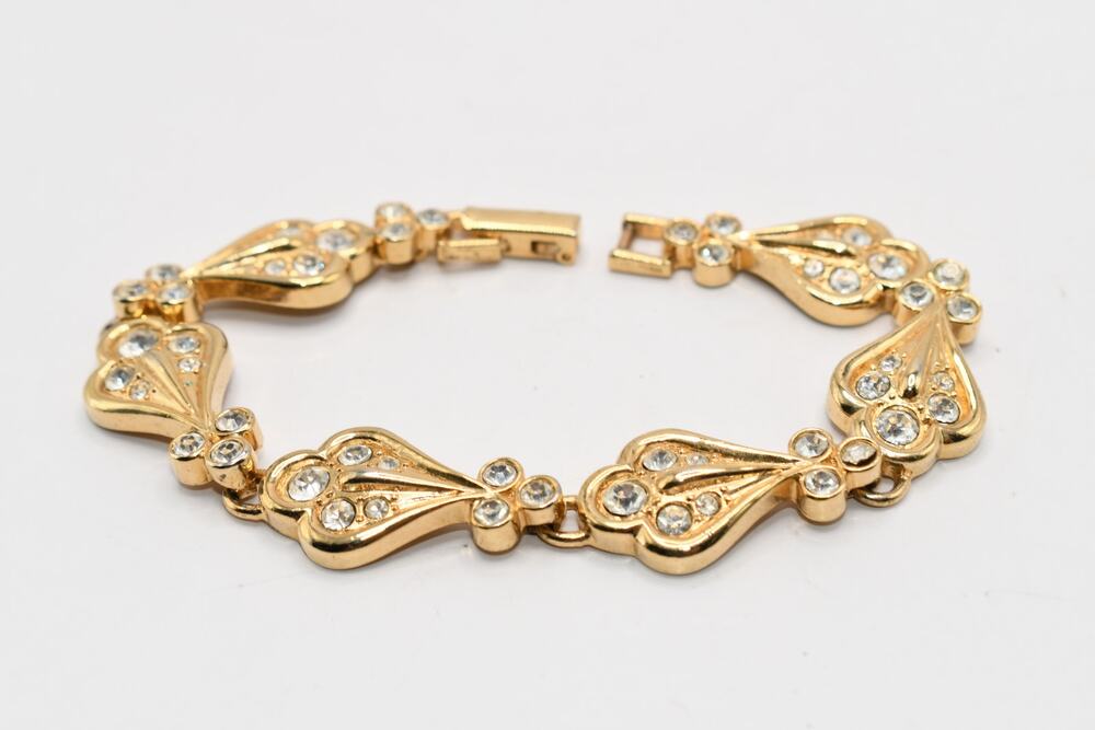 Vintage 90s Gold Tone Rhinestone Bracelet Clear Crystals 7.5”